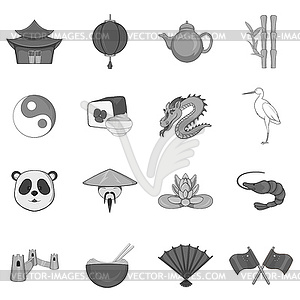 China icons set, black monochrome style - vector image