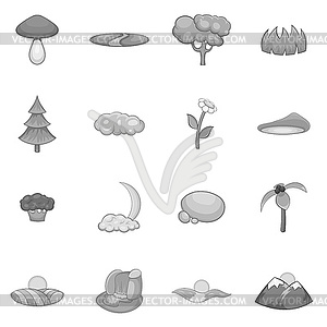 Nature landscape icons set, black monochrome style - vector clip art