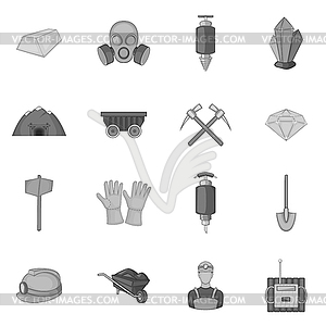 Набор иконок горной промышленности, черный монохромный стиль - векторное изображение клипарта