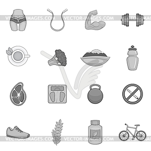 Fitness icons set, black monochrome style - vector image