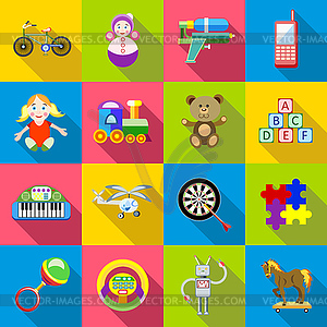 Набор иконок детские игрушки, плоский стиль - векторное изображение