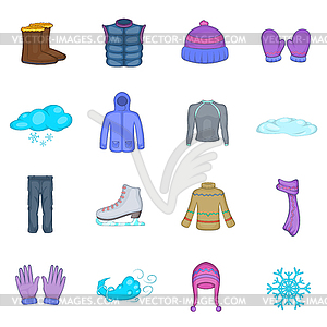 Winter clothes icons set, cartoon style - vector clipart