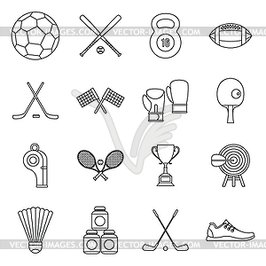 Sport equipment icons set, outline style - vector image