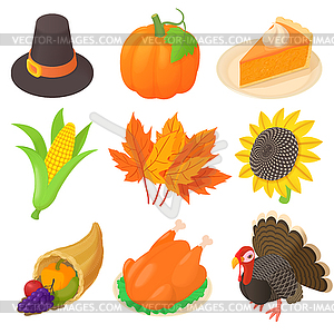 Thanksgiving icons set, cartoon style - vector clipart