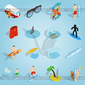 Surfing set icons, isometric 3d style - vector clip art