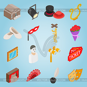 Theatre set icons, isometric 3d style - vector image