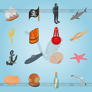 Sea set icons, isometric 3d style - vector clip art