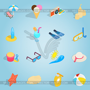 Beach set icons, isometric 3d style - vector image