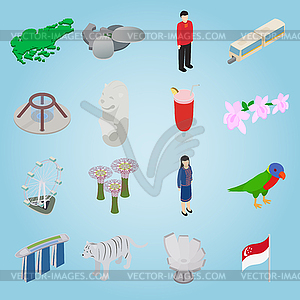 Singapore set icons, isometric 3d style - vector image