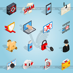 Hacking set icons, isometric 3d style - vector clipart