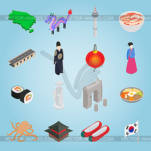 South Korea set icons, isometric 3d style - vector image