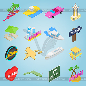 Miami set icons, isometric 3d style - vector clip art