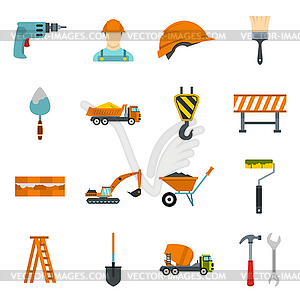 Construction icons set, flat style - vector image