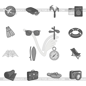 Summer travel icons set, black monochrome style - vector clipart