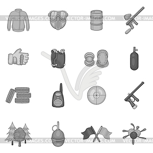 Paintball icons set, black monochrome style - vector image