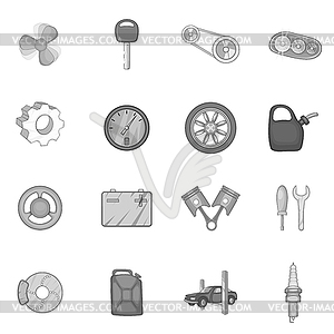 Auto spare parts icons set, black monochrome style - stock vector clipart