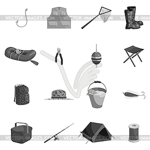 Fishing icons set, black monochrome style - vector image