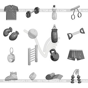 Fitness icons set, black monochrome style - vector image