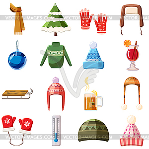 Winter icons set, cartoon style - vector image