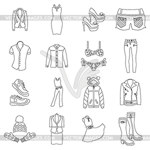 Woman clothes icons set, outline style - vector image