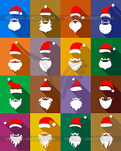 Hats and beards Santa set, flat style - vector clipart