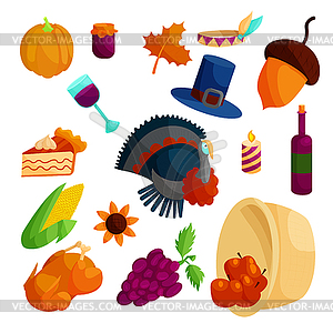 Thanksgiving icons set, cartoon style - vector image