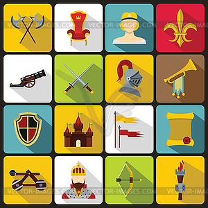 Knight medieval icons set, flat style - vector clipart