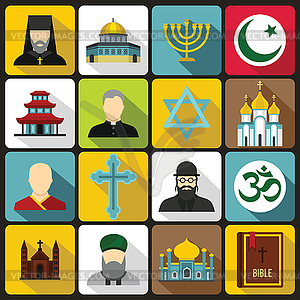 Religious symbol icons set, flat style - vector clipart