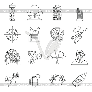 Paintball icons set, outline style - vector EPS clipart