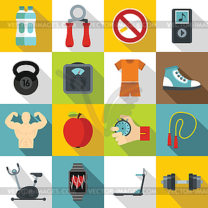 Fitness icons set, flat style - vector clipart