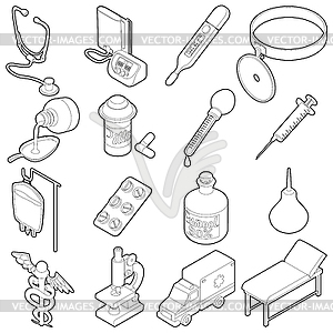 Medical icons set, isometric outine style - vector image