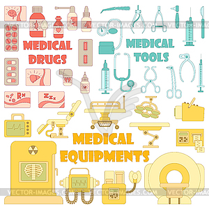 Medical tools equipment icons set, cartoon style - vector image