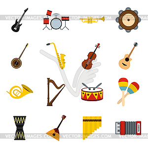 Набор иконок музыкальных инструментов, плоский стиль - векторный клипарт Royalty-Free