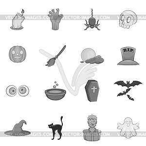 Halloween icons set, black monochrome style - vector image