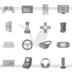 Video game icons set, black monochrome style - vector clipart