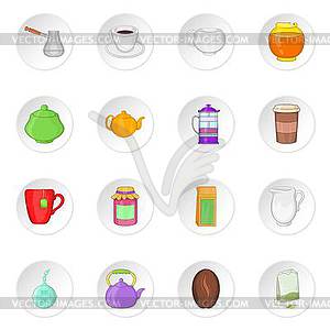 Tea and coffee icons, cartoon style - vector image