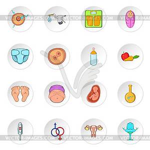 Pregnancy and newborn baby icons, cartoon style - vector image