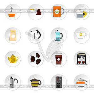 Coffee and tea icons set, flat style - vector clipart