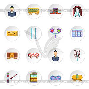 Railway icons set, cartoon style - vector clipart