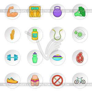 Healthy lifestyle icons set, cartoon style - vector image