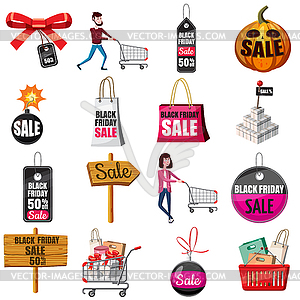 Black Friday Sales icons set, cartoon style - vector clipart