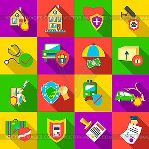 Insurance icons set, flat style - vector clipart