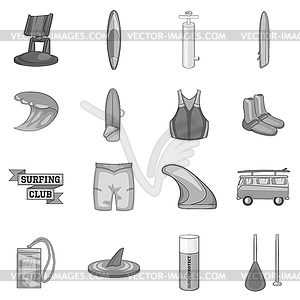 Surfing icons set, gray monochrome style - vector clip art