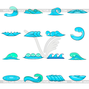 Waves icons set, cartoon style - vector clip art