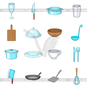 Basic dishes icons set, cartoon style - vector clipart