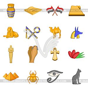 Набор иконок путешествия египта, мультяшном стиле - векторизованное изображение