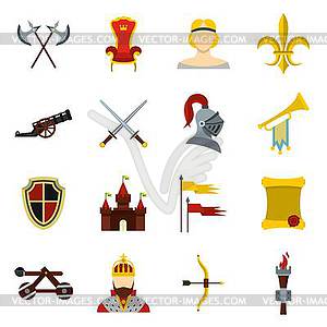Набор иконок рыцаря, плоский стиль - векторное изображение клипарта