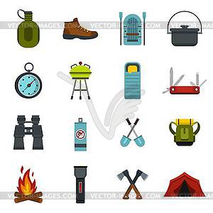 Camping equipment icons set, flat style - vector clip art