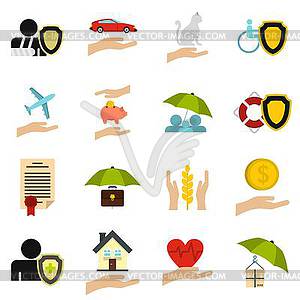 Insurance icons set, flat style - vector clipart