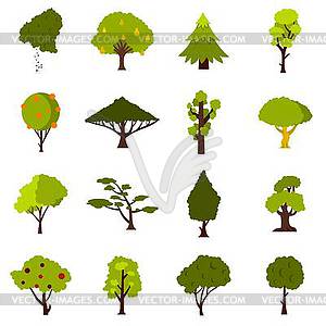 Green tree icons set, flat style - color vector clipart